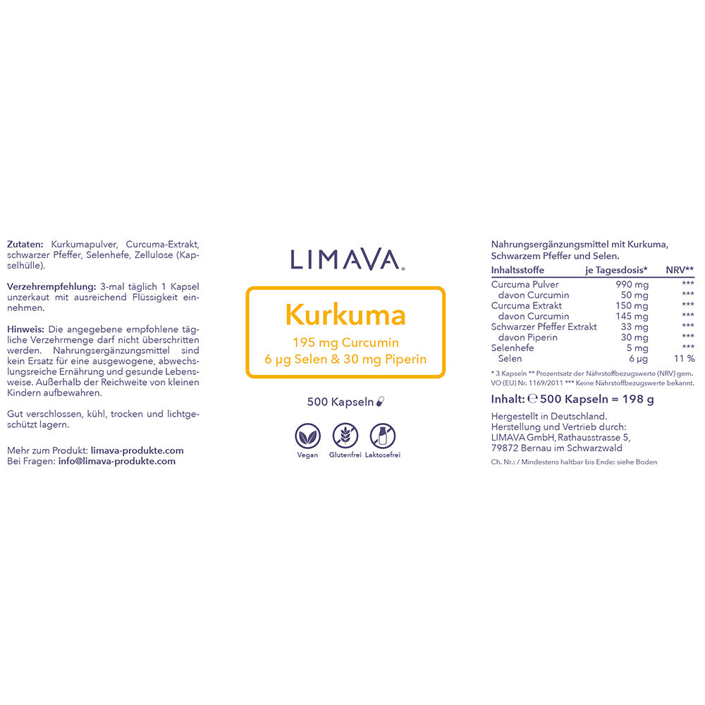 Kurkuma Kapseln mit 195mg Curcumin + Selen (500 Kapseln)