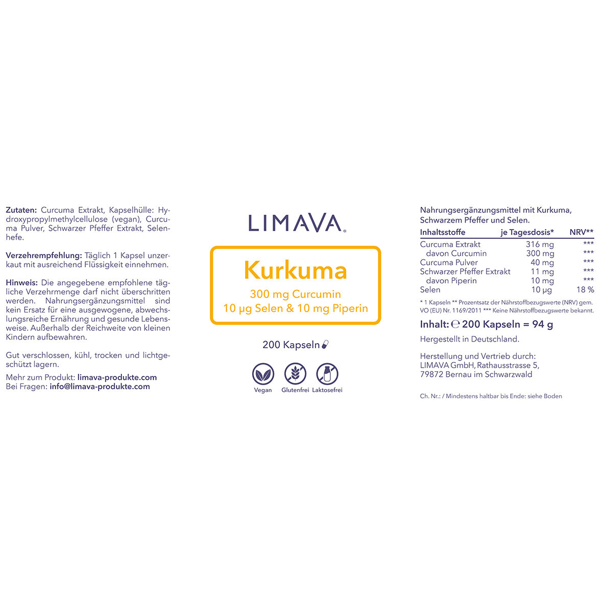 Kurkuma Kapseln mit 300mg Curcumin + Selen + Piperin (200 Kapseln)
